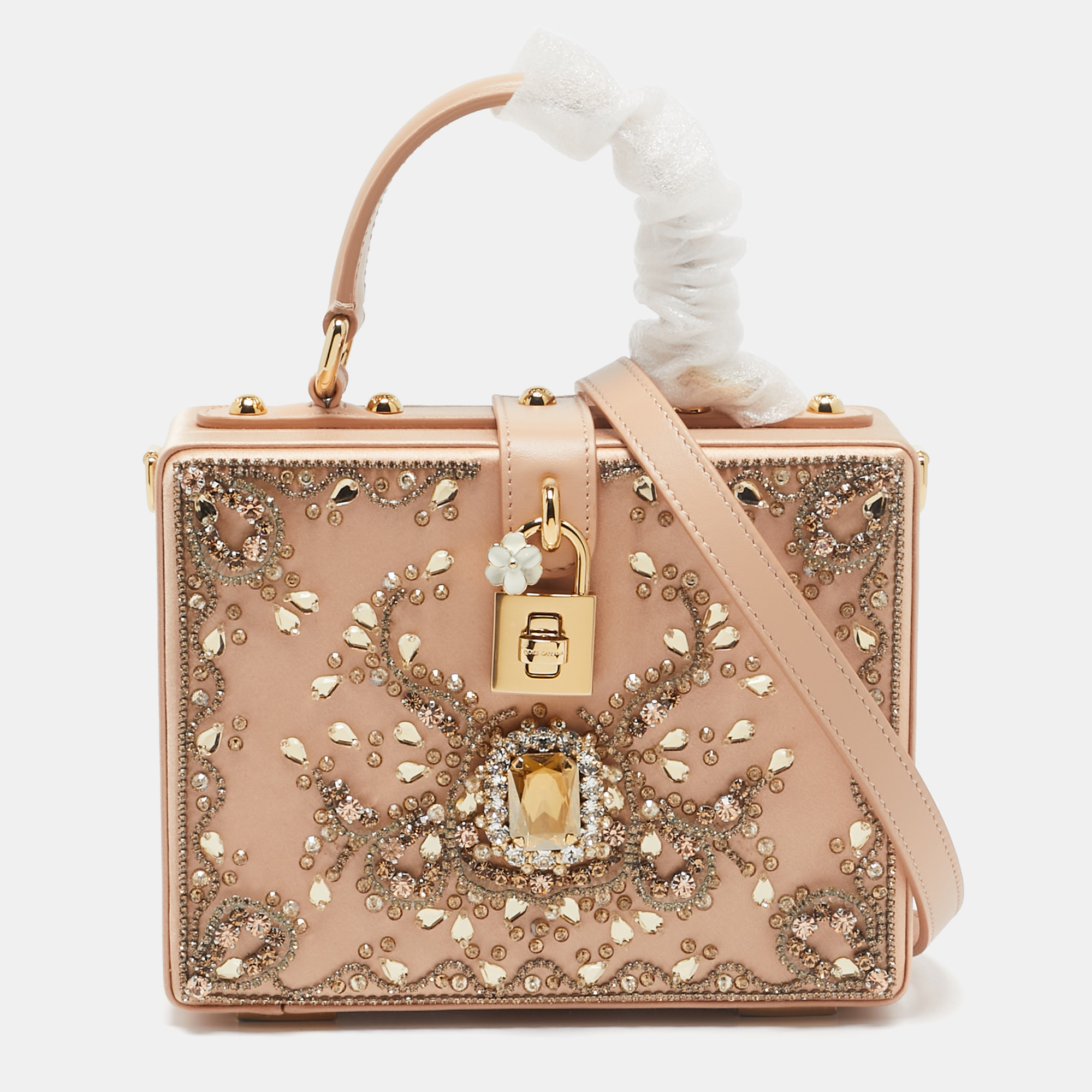 

Dolce & Gabbana Beige Satin and Leather Crystal Embellished Rosaria Box Top Handle Bag