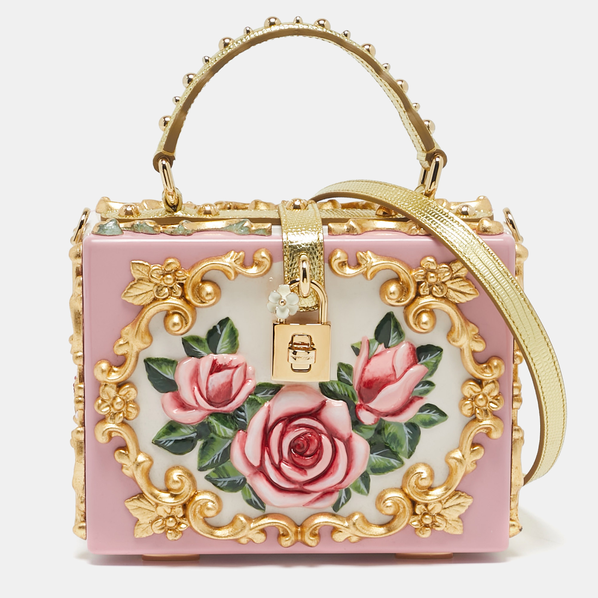 

Dolce & Gabbana Pink/Gold Roses Baroque Acrylic Dolce Box Top Handle Bag