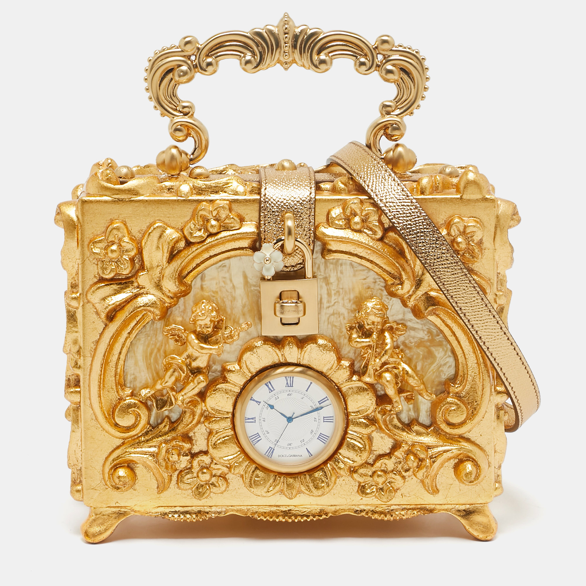 

Dolce & Gabbana Gold Barocco Wood Clock Dolce Box Top Handle Bag