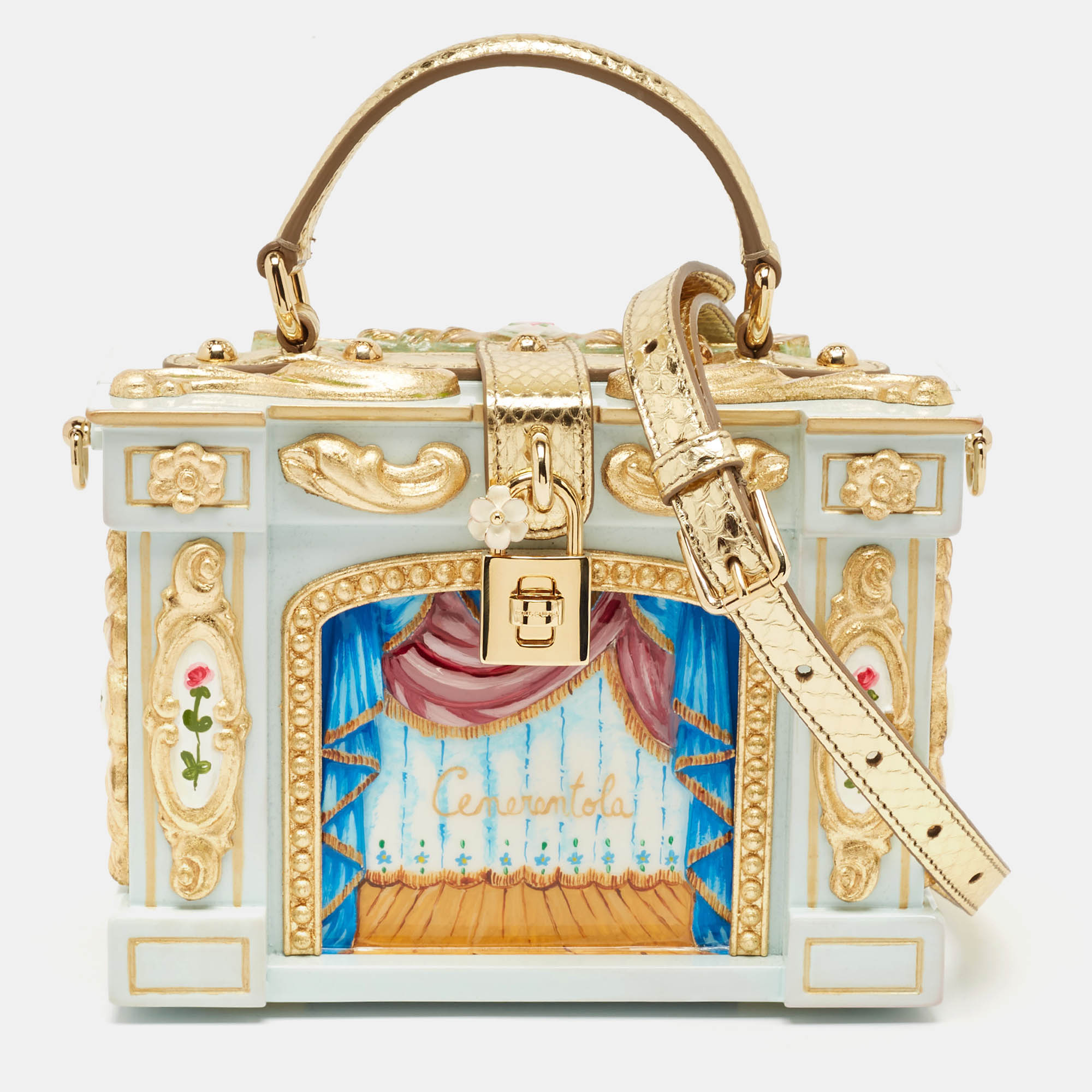 

Dolce & Gabbana Gold Acrylic, Wood and Snakeskin Cinderella Dolce Box Top Handle Bag