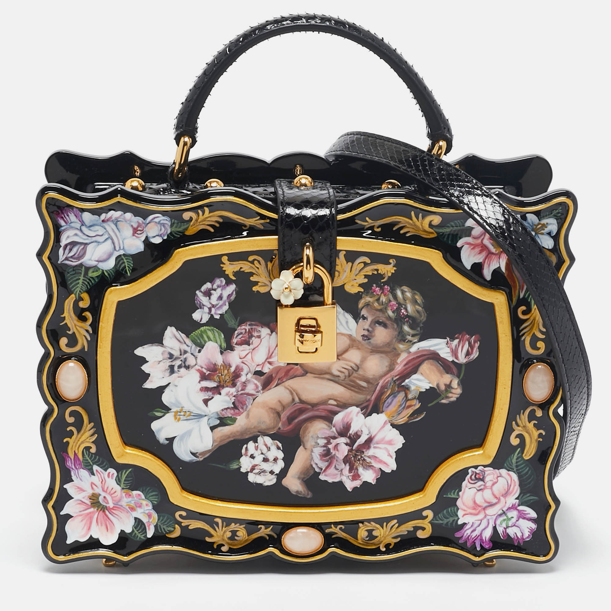 

Dolce & Gabbana Black Rose and Cherub Painted Wood Dolce Box Top Handle Bag