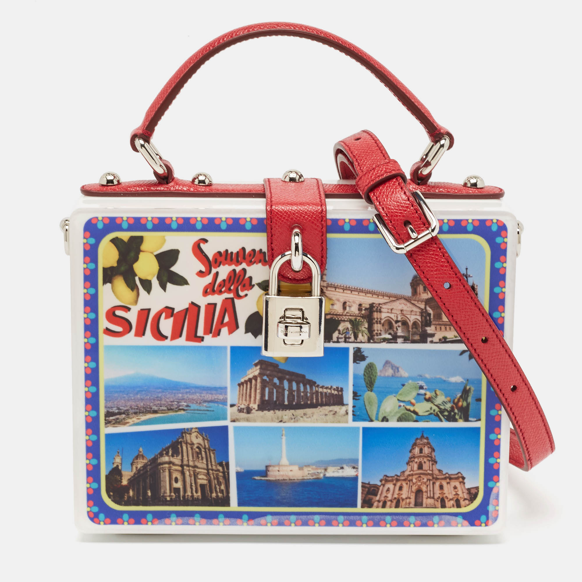 

Dolce & Gabbana White/Red Acrylic and Leather Della Sicilia Dolce Box Top Handle Bag