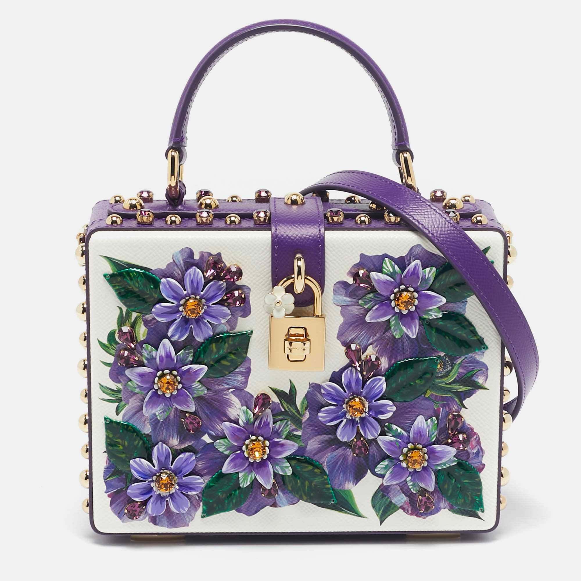 

Dolce & Gabbana Purple/White Leather Floral Embellished Dolce Box Top Handle Bag