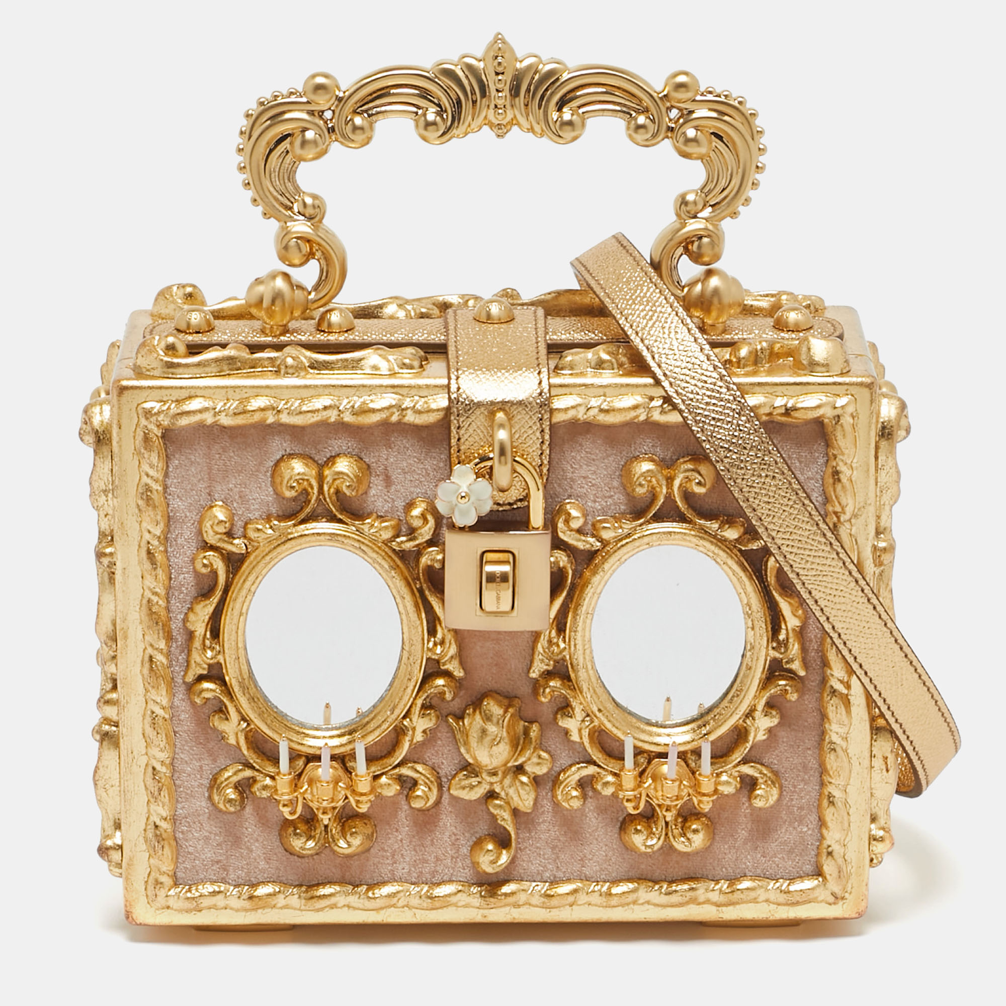 

Dolce & Gabbana Gold/Beige Wood and Velvet Mirror Box Regine Top Handle Bag