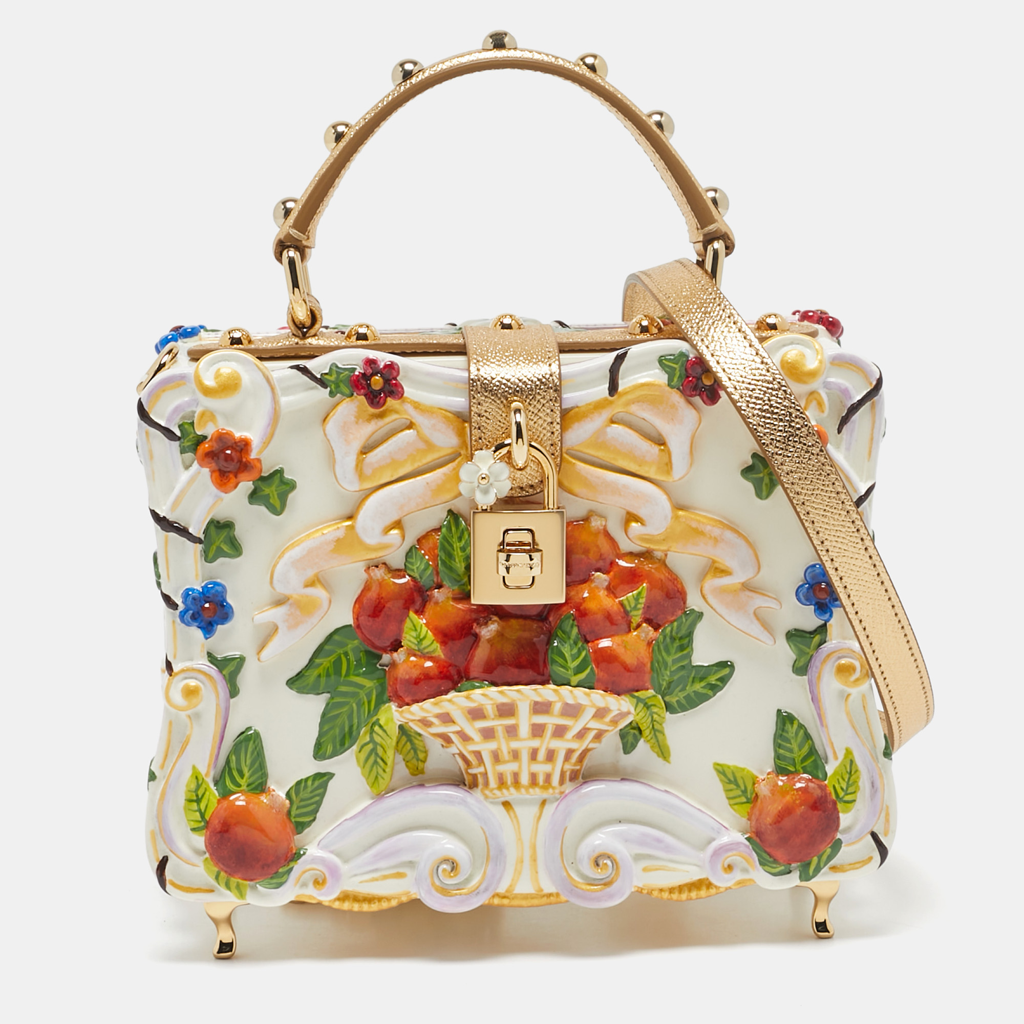 

Dolce & Gabbana Gold Acrylic and Leather Fruit basket Dolce Box Top Handle Bag