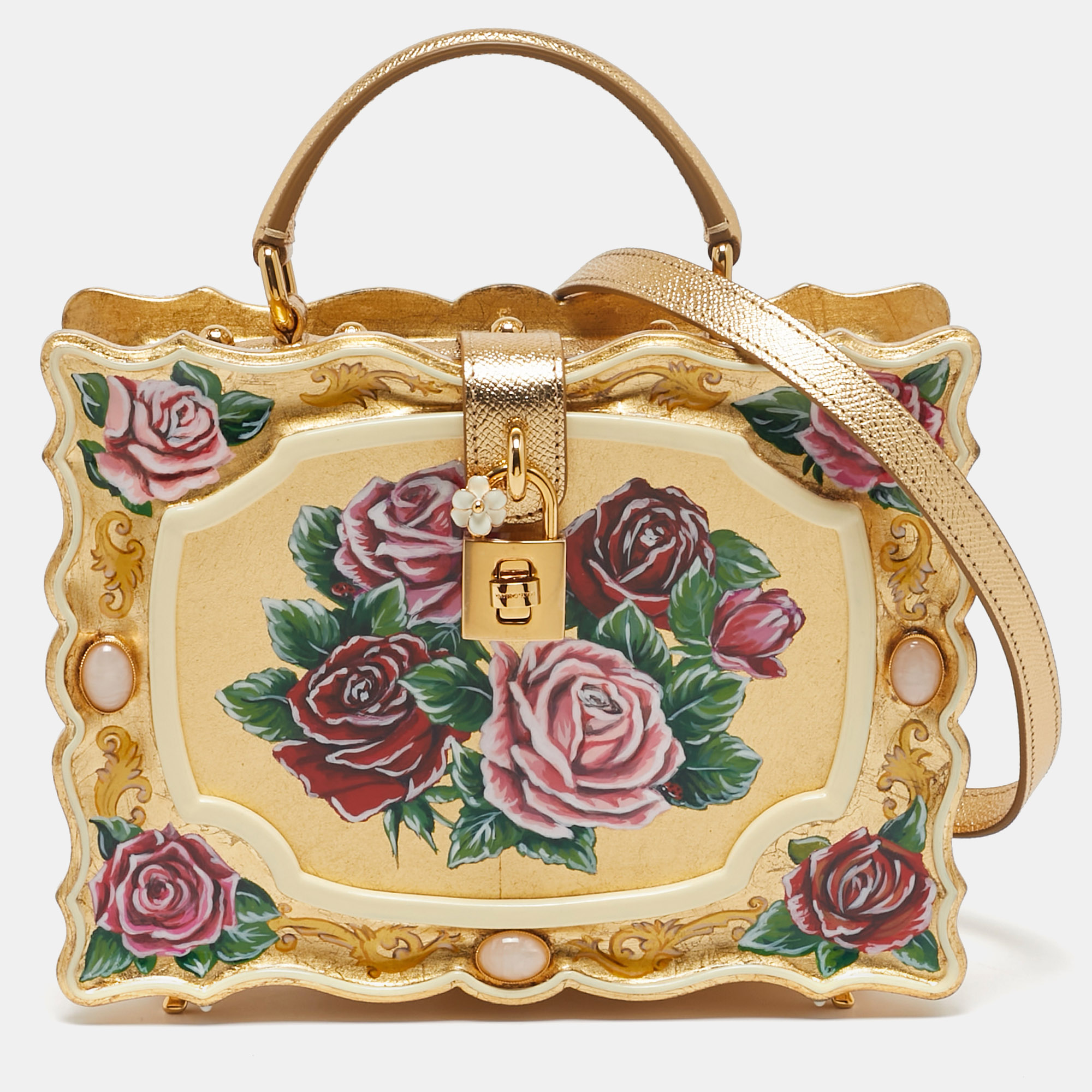 

Dolce & Gabbana Gold/Red Rose Painted Wood Dolce Box Top Handle Bag