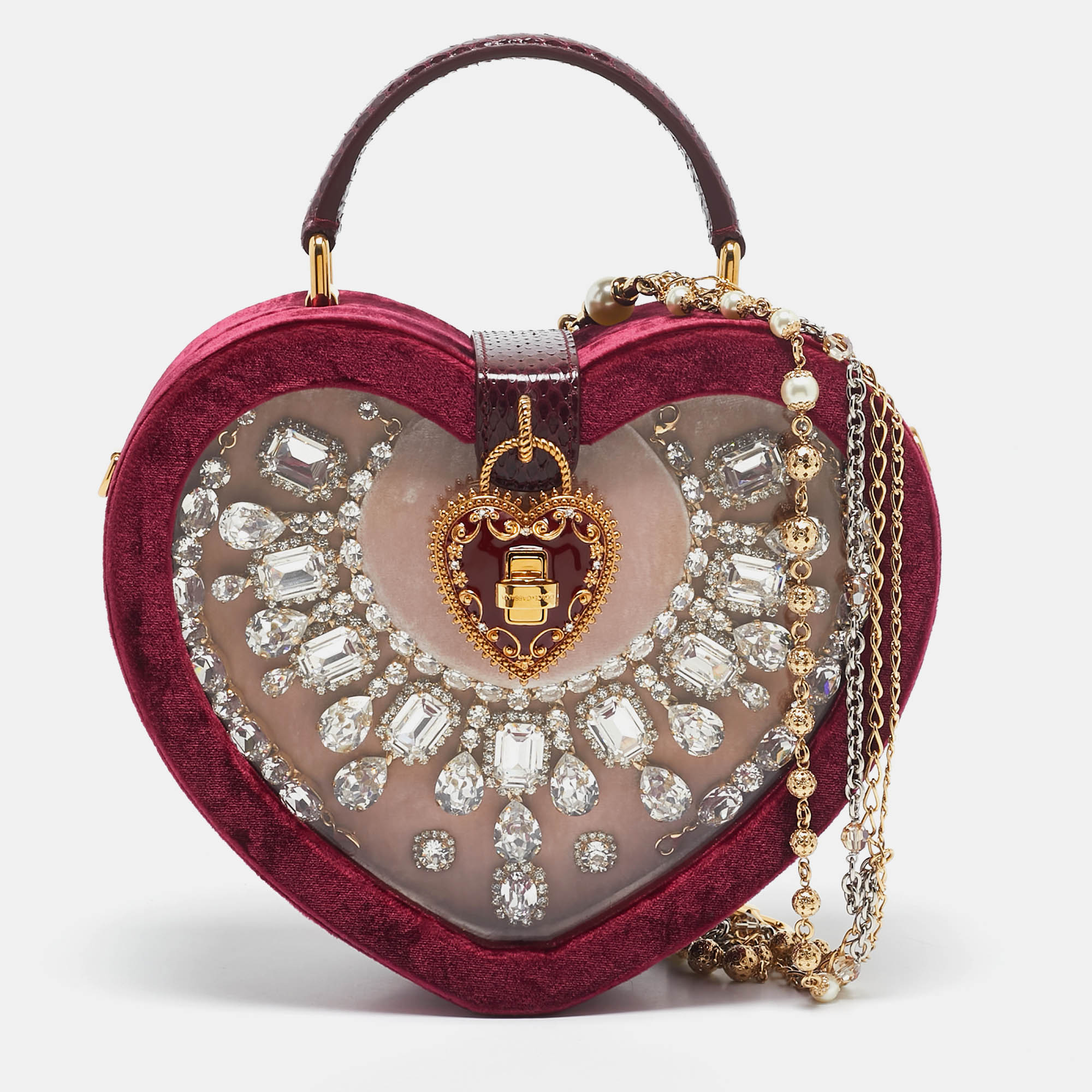 

Dolce & Gabbana Burgundy Velvet & Snakeskin Crystal My Heart Box Top Handle Bag