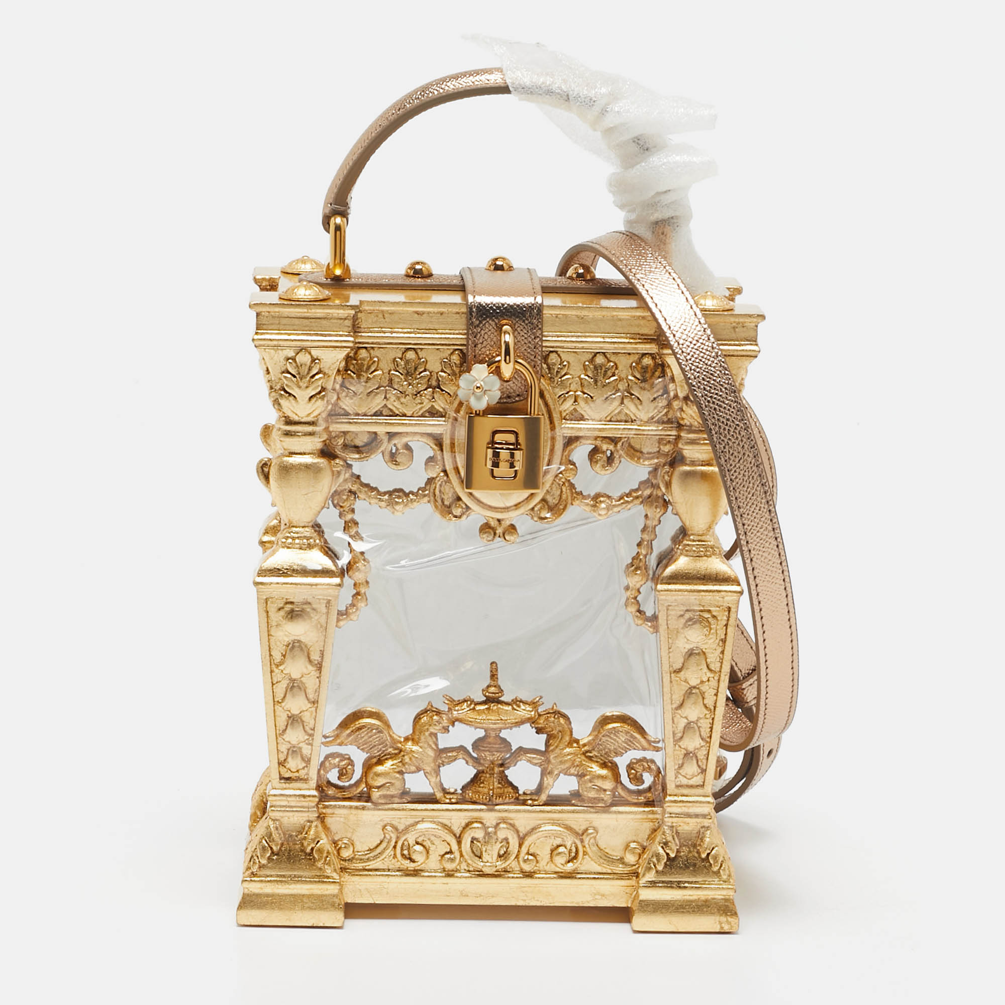 

Dolce & Gabbana Gold Wood Acrylic Baroque Box Top Handle Bag