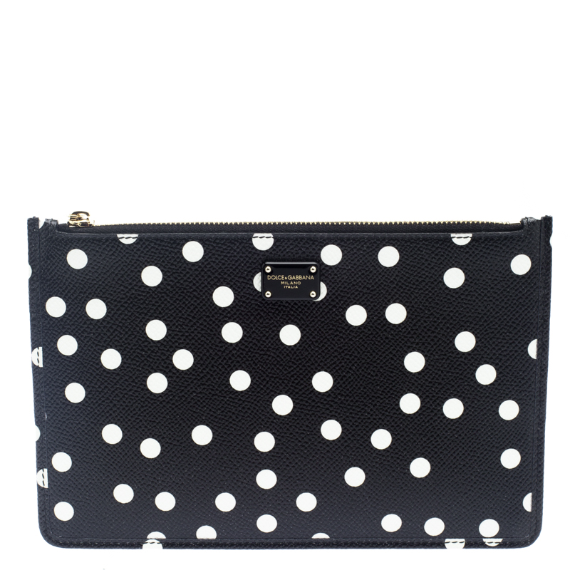 Pre Owned Dolce and Gabbana Black/White Polka Dot Leather Clutch