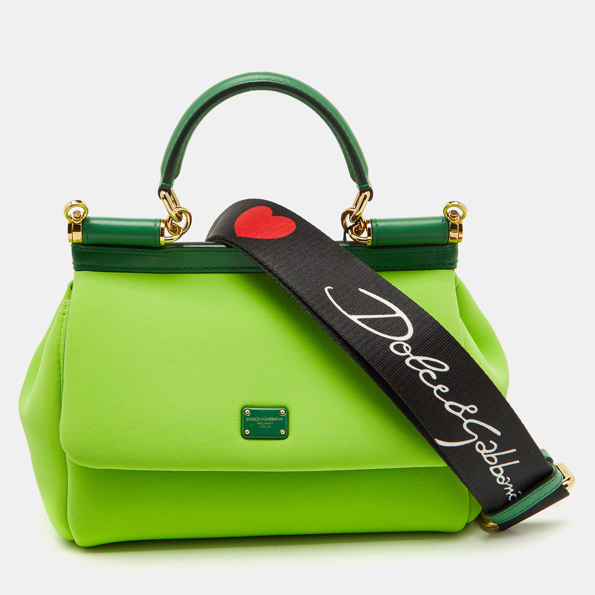 Pre-owned Dolce & Gabbana Neon Green Neoprene And Leather Small Miss Sicily Top Handle Bag