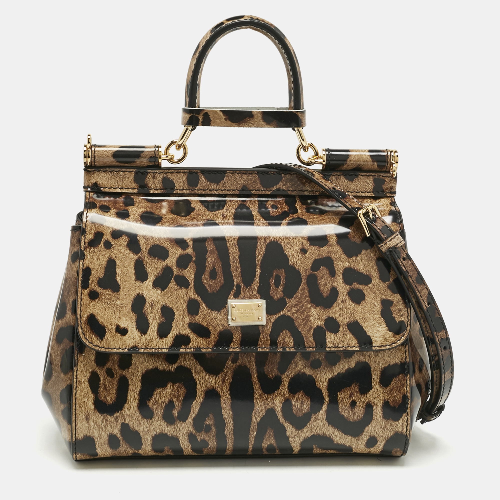 

Dolce & Gabbana Brown/Black Leopard Print Patent Leather Miss Sicily Top Handle Bag