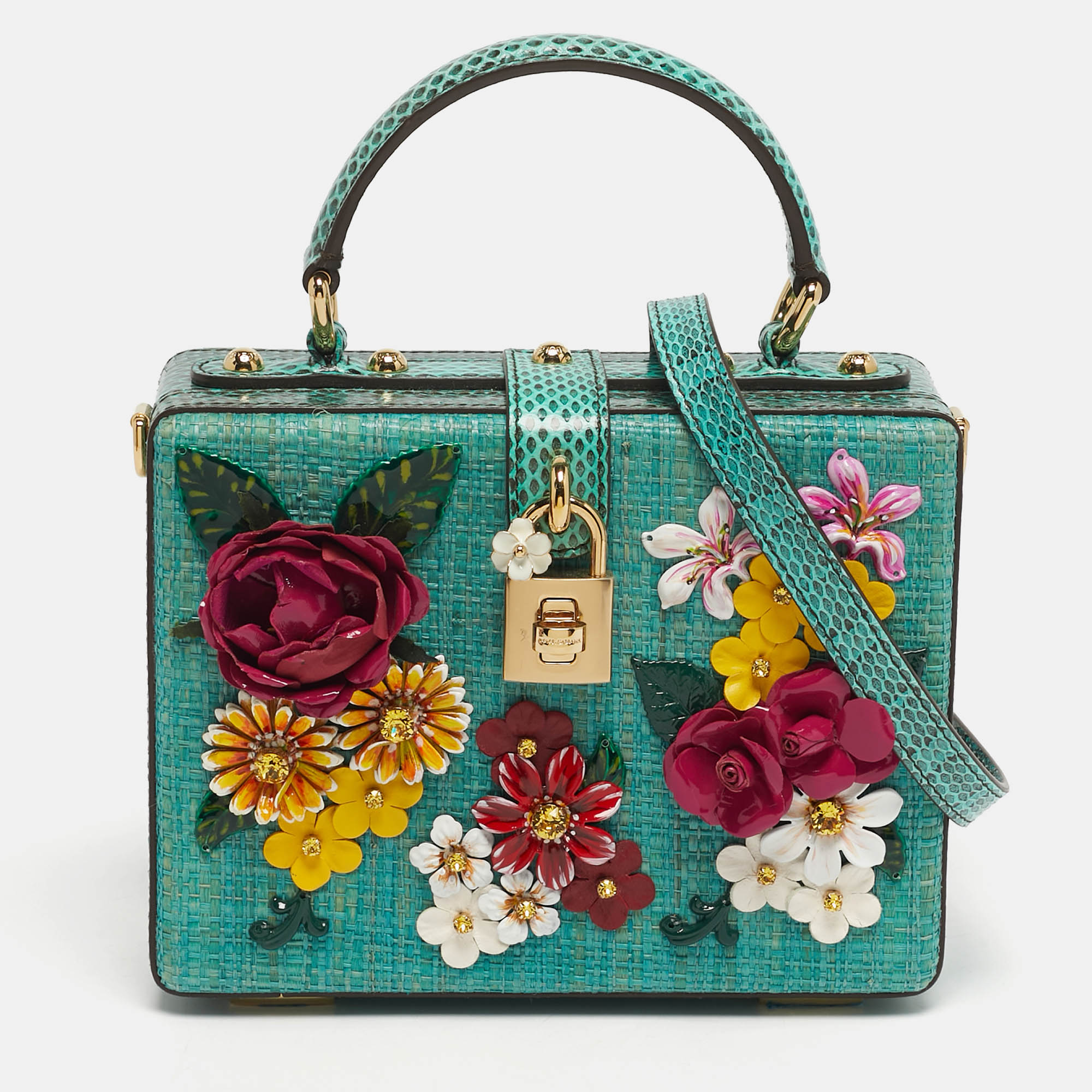 

Dolce & Gabbana Flower Applique Dolce Box Green Straw and Snakeskin Bag