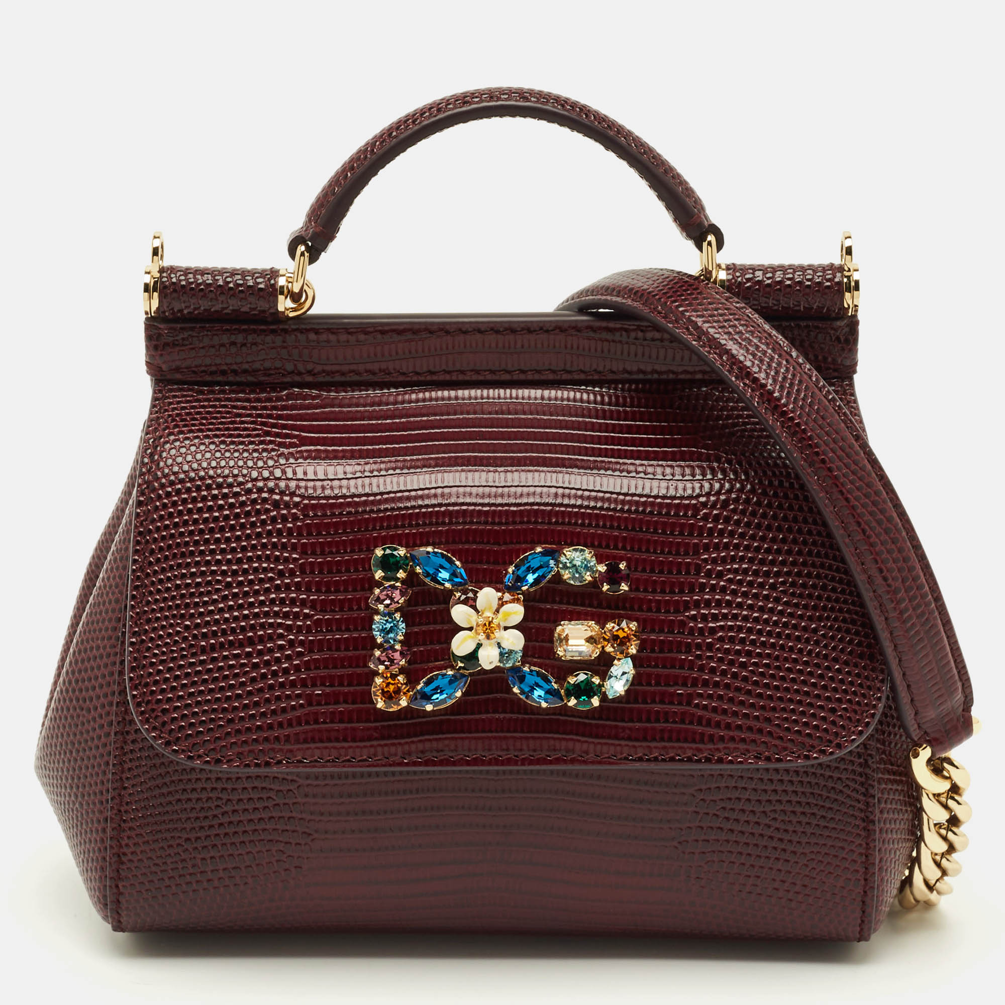 Pre-owned Dolce & Gabbana Miss Sicily Crystal Dg Logo Mini Burgundy Lizard Embossed Leather Bag