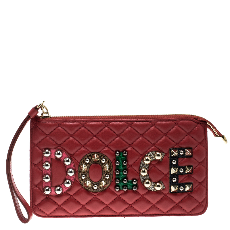 Pre Owned Dolce and Gabbana Red Quilted Logo Studded Pouch