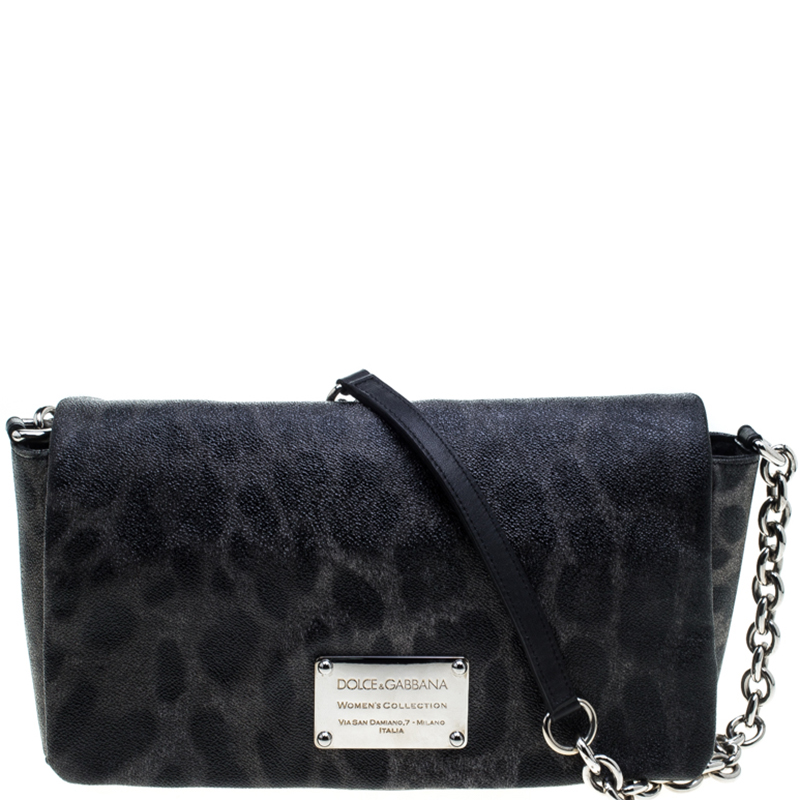 مملوكة مسبقًا Dolce and Gabbana Grey Leopard Print Coated Canvas Chain Shoulder Bag