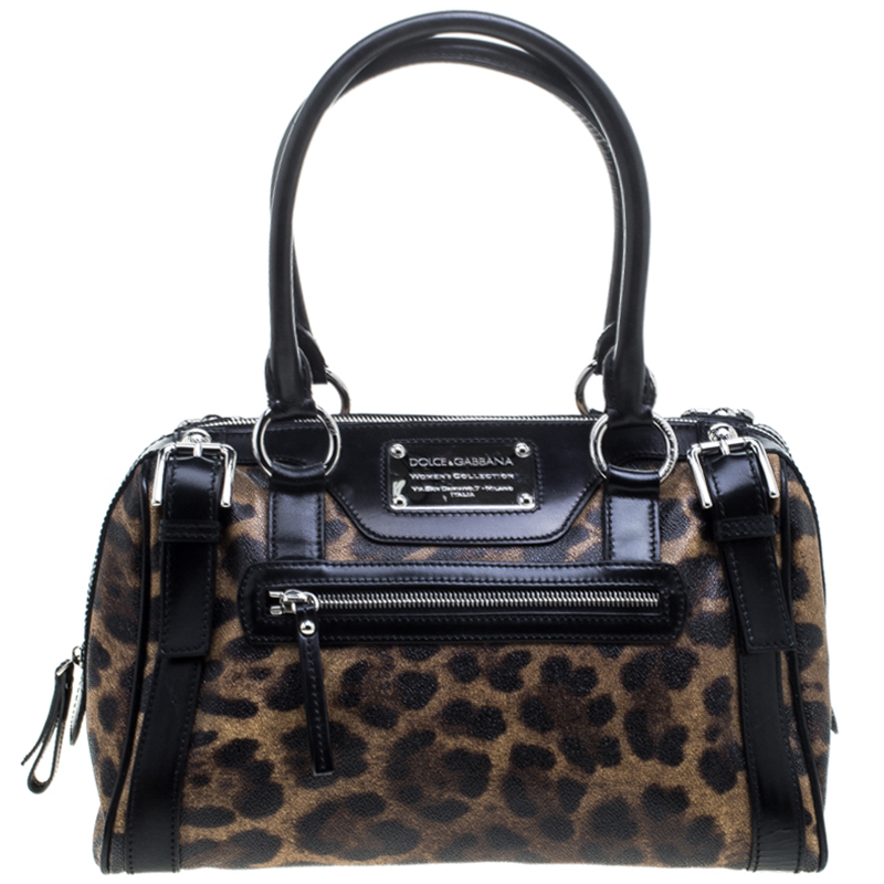 Pre Owned Dolce and Gabbana Brown Leopard Print Coated Canvas Miss Easy Way Satchel