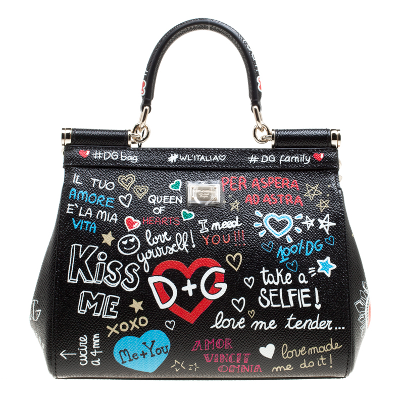 Dolce and Gabbana Black Leather Small Sicily Graffiti Top Handle Bag ...