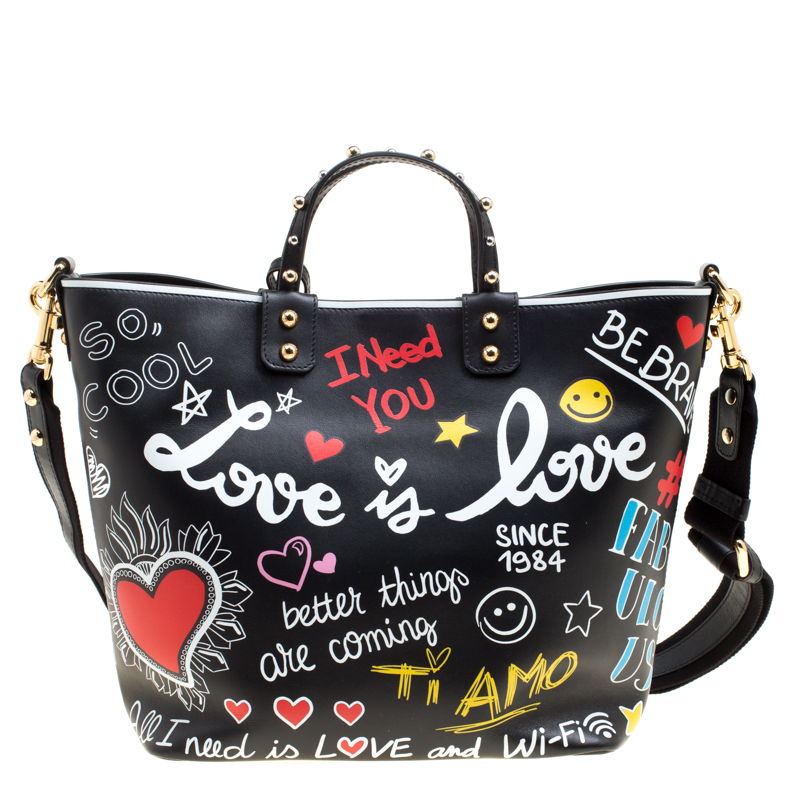 Dolce and Gabbana Black Leather Beatrice Graffiti Shopper Dolce and ...