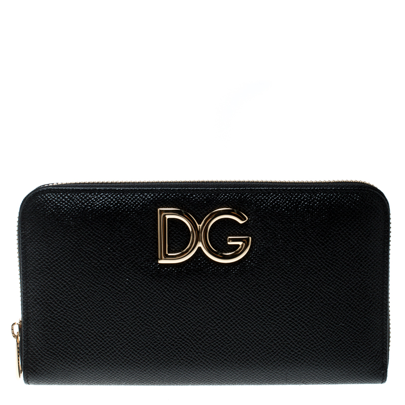 Pre Owned Dolce and Gabbana Black Leather Logo Zip Around Wallet