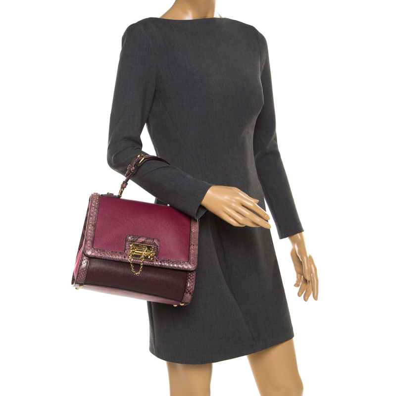 

Dolce and Gabbana Burgundy Leather and Python Trim Medium Miss Monica Top Handle Bag