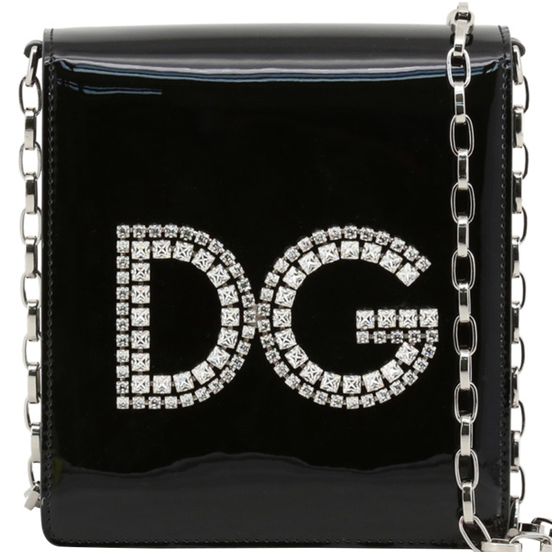 Dolce and Gabbana Black Patent Leather DG Girls Chain Evening Bag