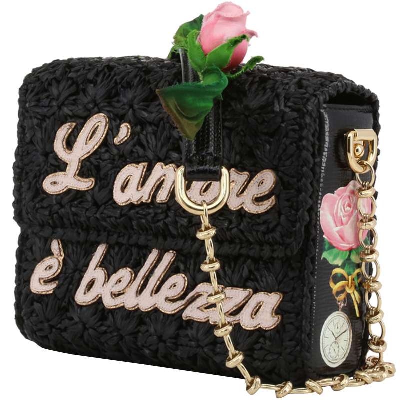 

Dolce and Gabbana Black Woven Straw L'amore e' Bellezza Chain Crossbody Bag