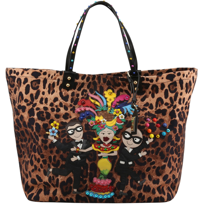 Pre Owned Dolce and Gabbana Brown Leopard Print Synthetic Fabric Designers' Patches Beatrice Shopping Tote