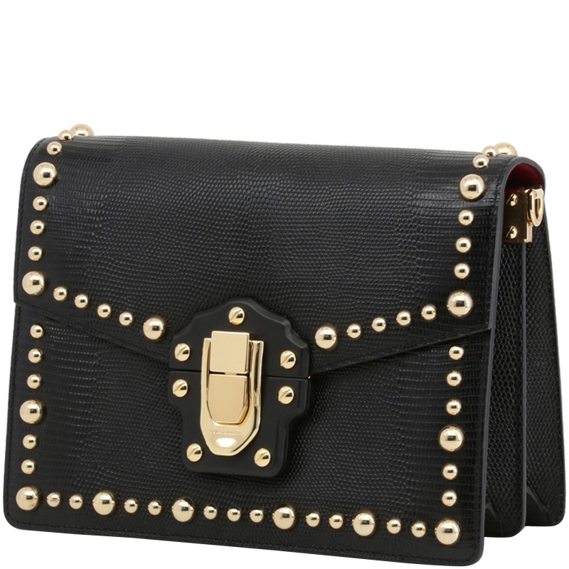 

Dolce and Gabbana Black Embossed Leather Studded Lucia Shoulder Bag