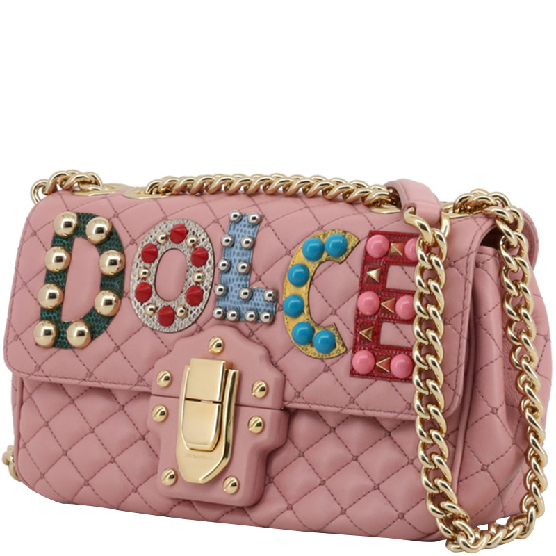 

Dolce and Gabbana Pink Quilted Leather Embellished Lucia Chain Crossbody Bag