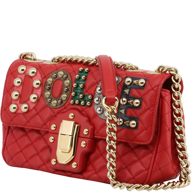 

Dolce and Gabbana Red Quilted Leather Embellished Lucia Chain Crossbody Bag