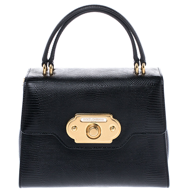 Pre Owned Dolce and Gabbana Black Lizard Embossed Leather Top Handle Bag