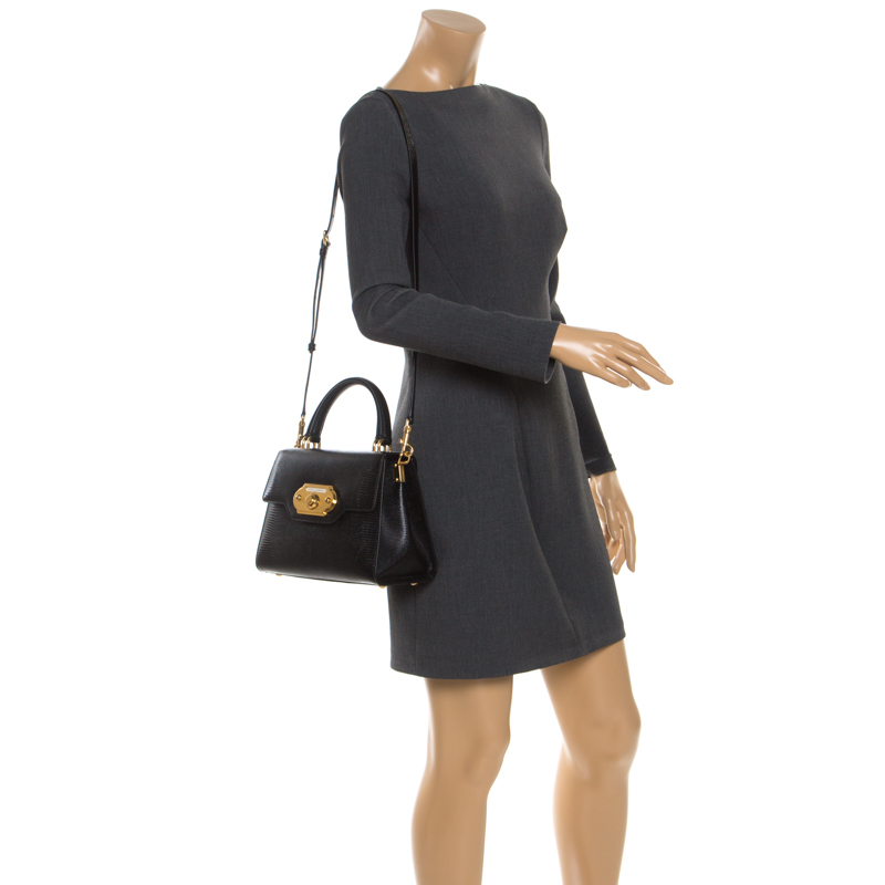 

Dolce and Gabbana Black Lizard Embossed Leather Top Handle Bag