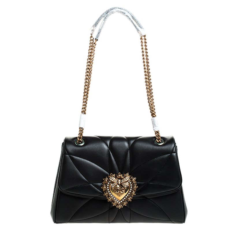 Dolce and Gabbana Black Matelasse Nappa Leather Devotion Chain Shoulder ...