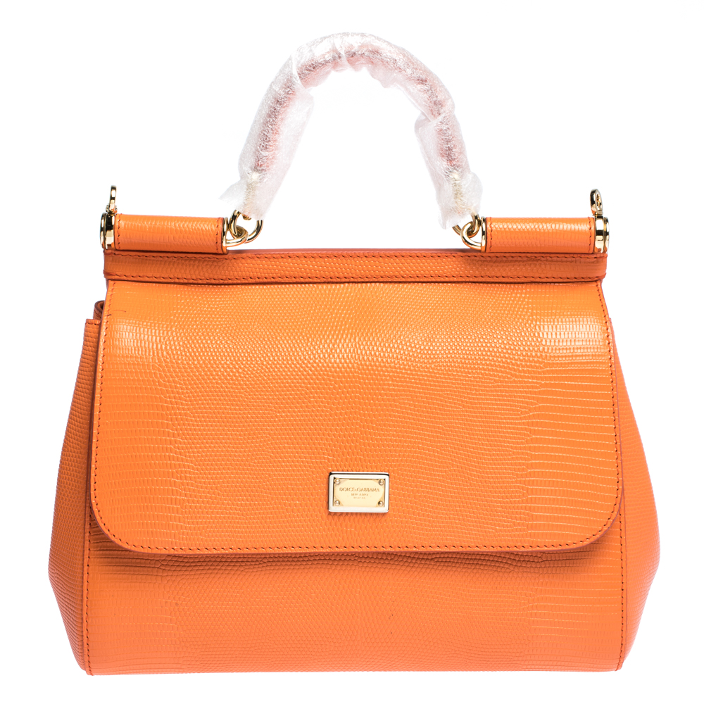 Dolce & Gabbana Orange Iguana Embossed Leather Medium Miss Sicily Bag ...