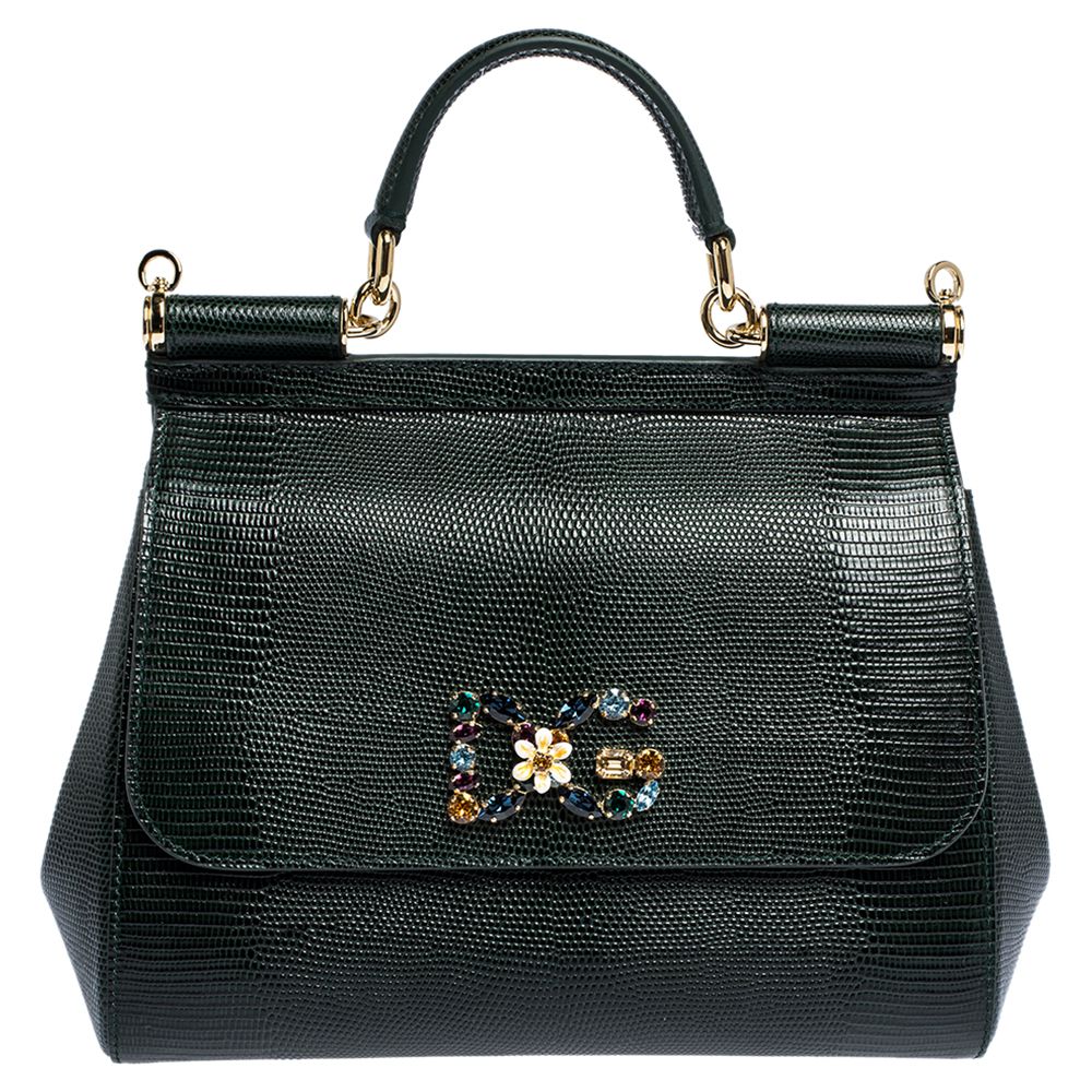 Dolce & Gabbana Green Iguana Embossed Leather Crystal DG Logo Mini Miss  Sicily Bag
