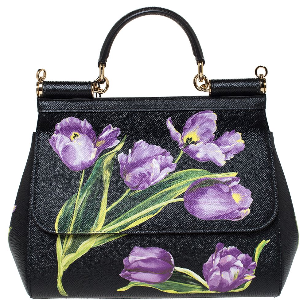 Pre Owned Dolce & Gabbana Black Tulip Print Leather Medium Miss Sicily Bag