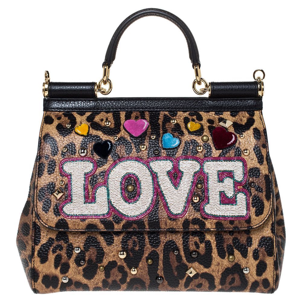 Pre Owned Dolce & Gabbana Brown/Black Leopard Print Leather LOVE Medium Miss Sicily Bag