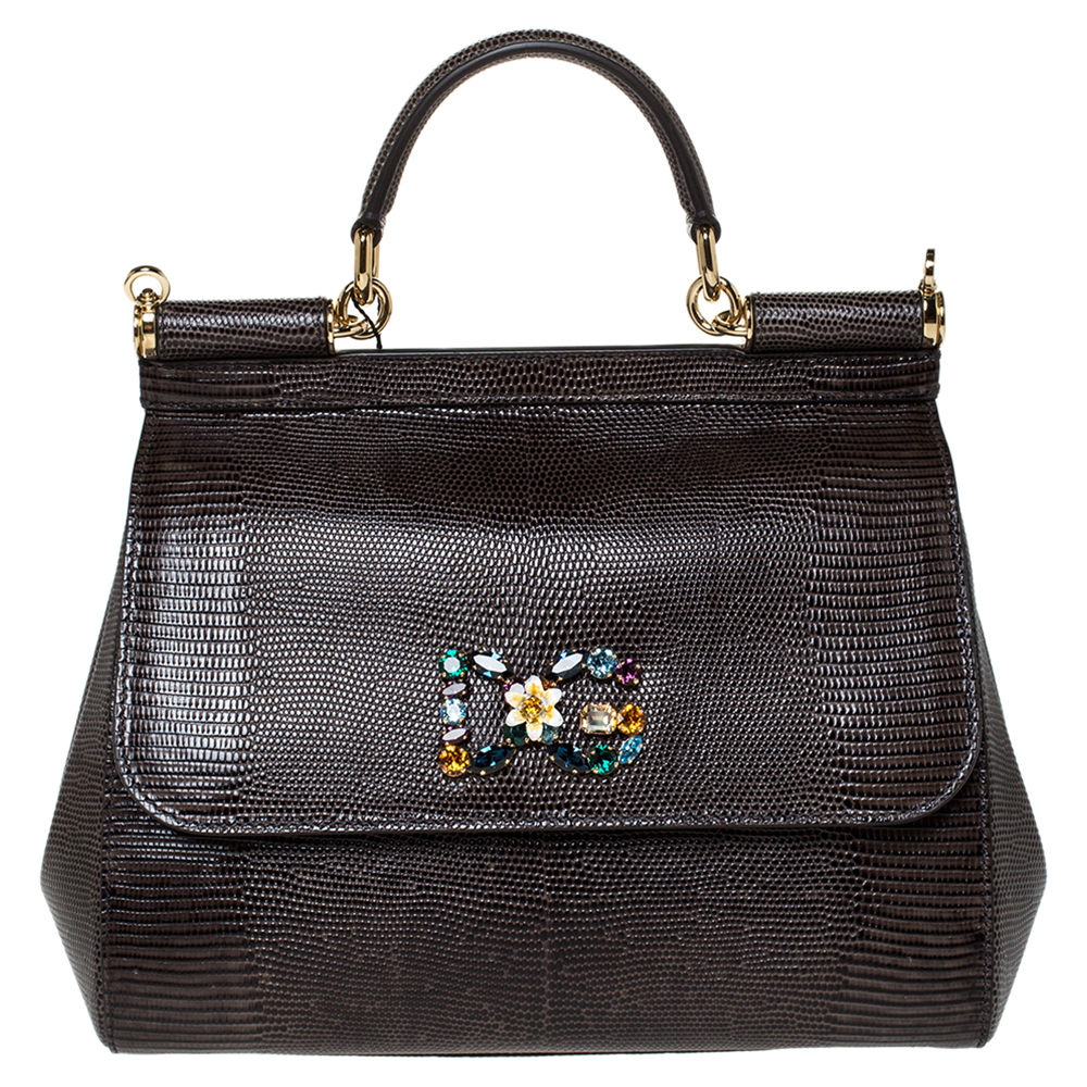 Pre Owned Dolce & Gabbana Brown Iguana Embossed Leather Crystal DG Logo Medium Miss Sicily Bag