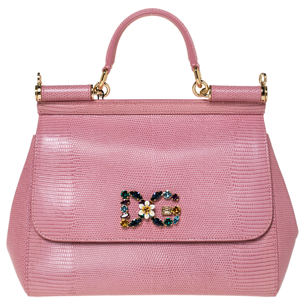 Pre-owned Dolce & Gabbana Pink Iguana Embossed Leather Crystal Dg Logo ...