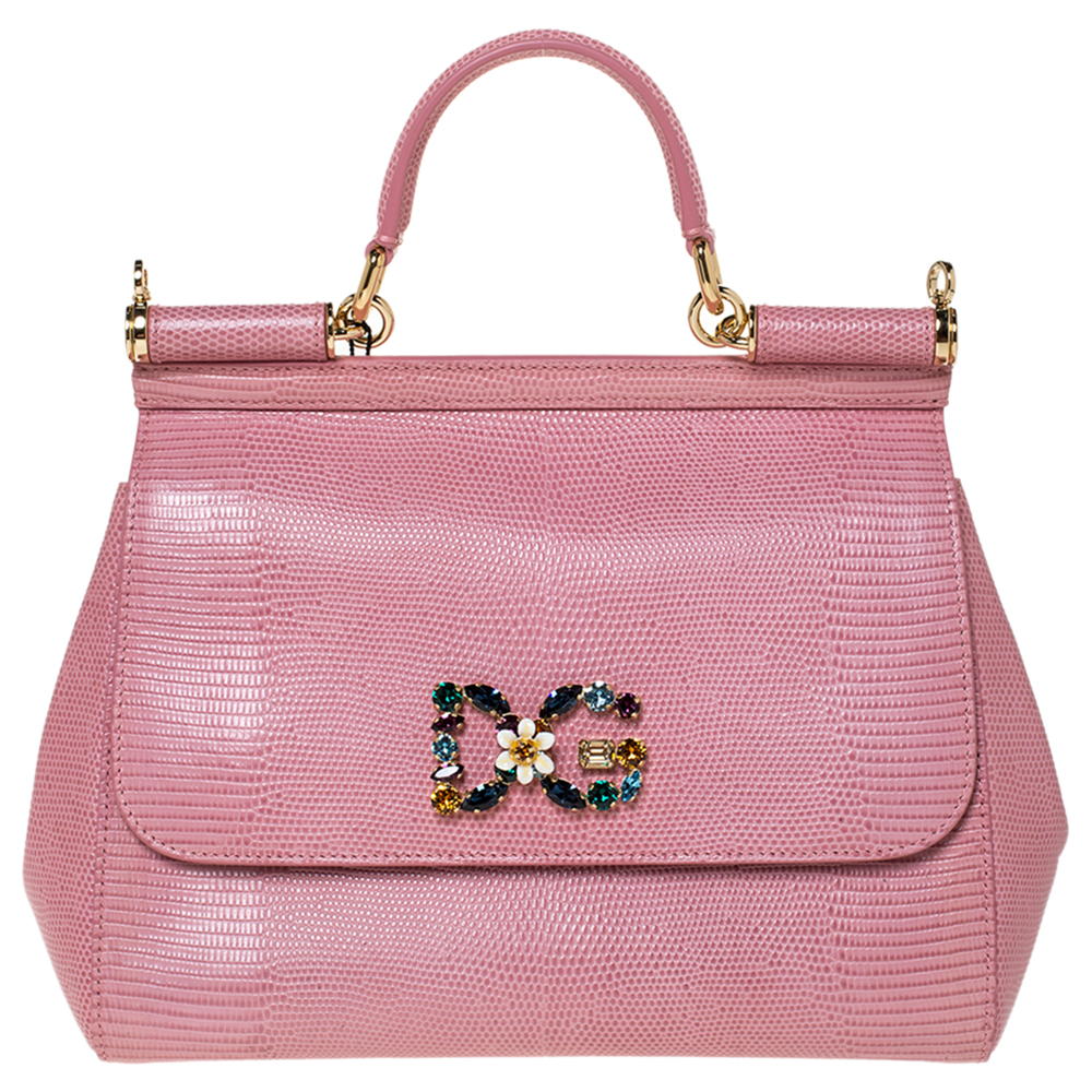 Dolce & Gabbana Pink Iguana Embossed Leather Crystal DG Logo Medium ...