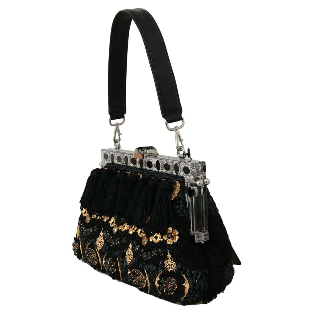 

Dolce & Gabbana Black Crystal Leather Tassel Party Vanda Bag