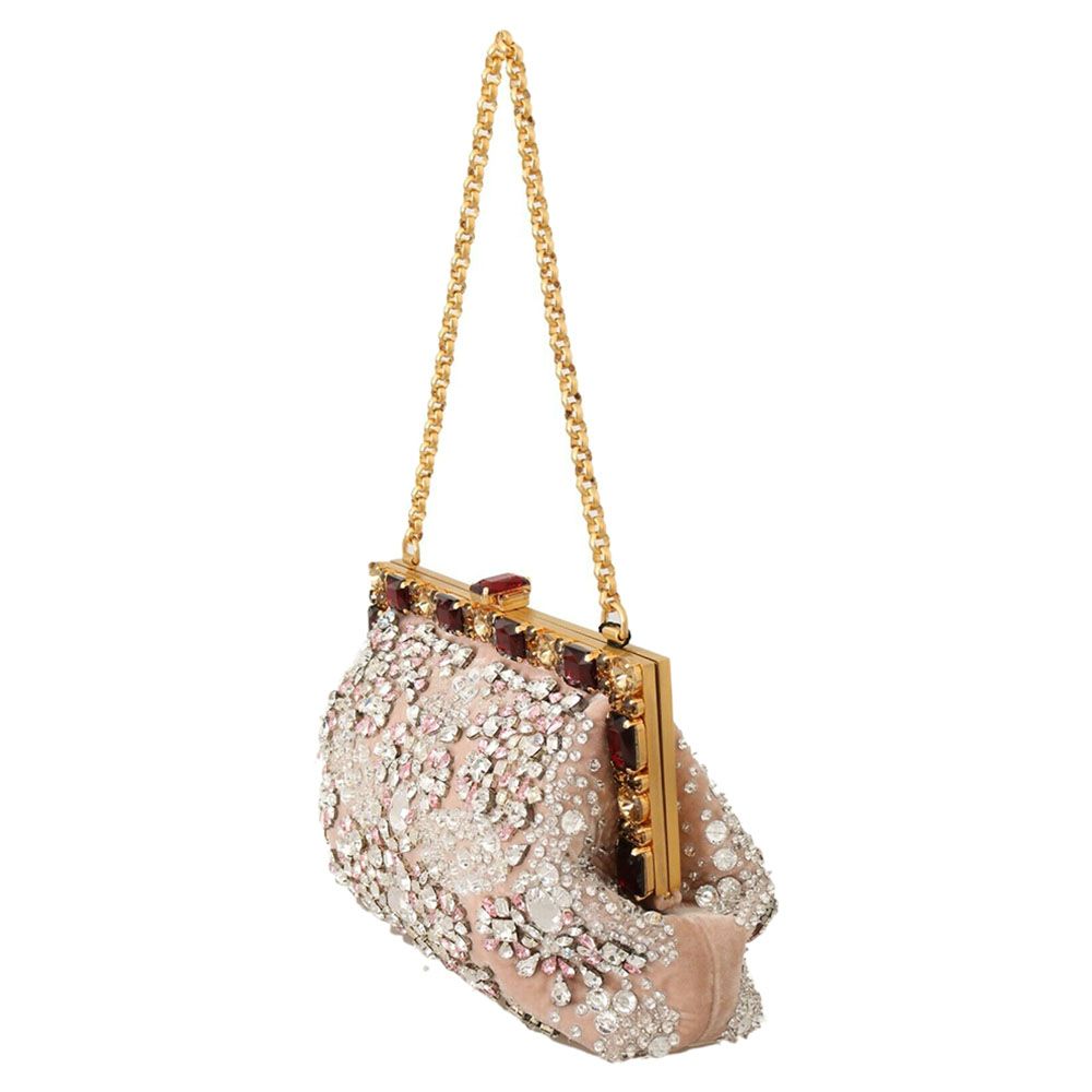 

Dolce & Gabbana Pink Velvet Crystal Gold Clutch Bag