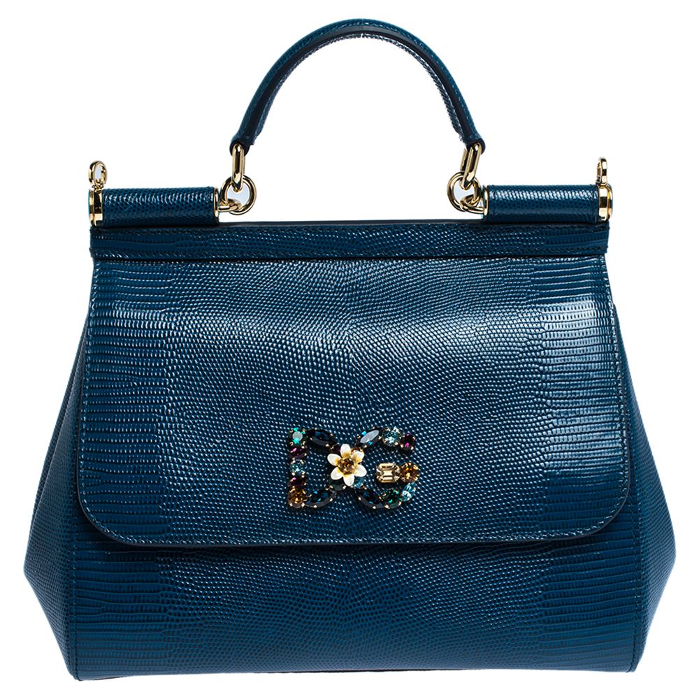 Dolce & Gabbana, Bags, Dolce Gabbana Blue Leather Medium Shoulder Sicily  Bag