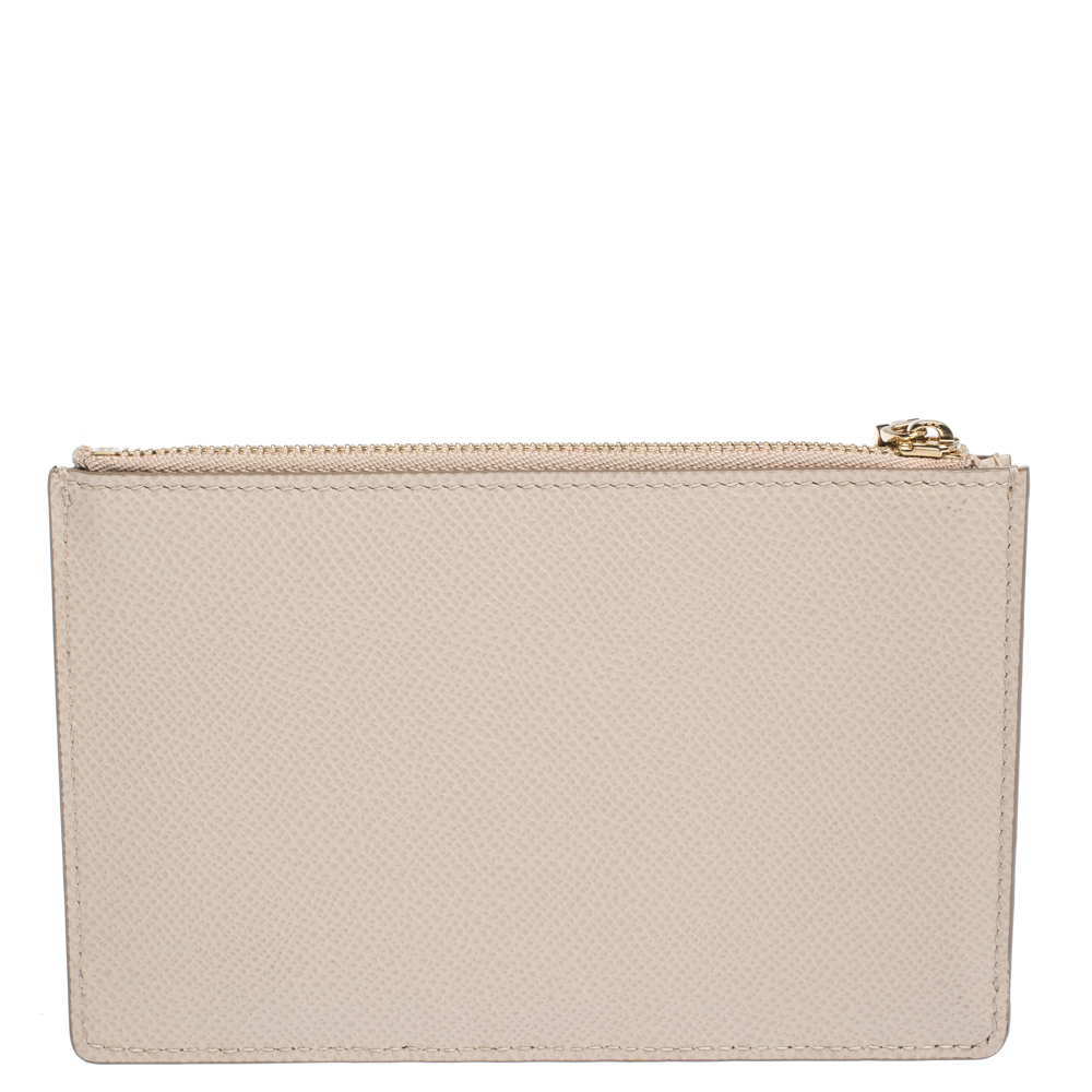 

Dolce & Gabbana Beige Leather Crystal Embellished Logo Zipped Card Holder