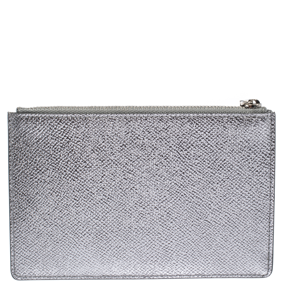 

Dolce & Gabbana Silver Leather Crystal Embellished Logo Zipped Card Holder