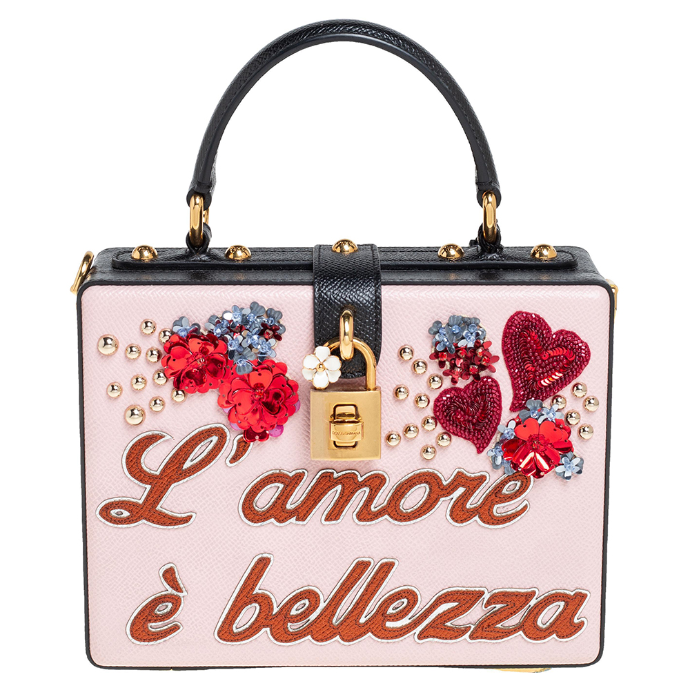 Pre-owned Dolce & Gabbana Dolce And Gabbana Multicolor Flower L'amore Embellished Leather Box Pad Lock Top Handle Bag