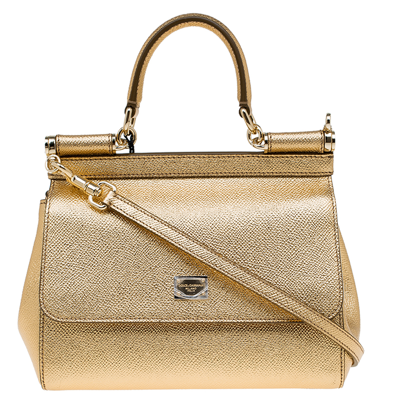 Dolce and Gabbana Gold Leather Small Miss Sicily Top Handle Bag