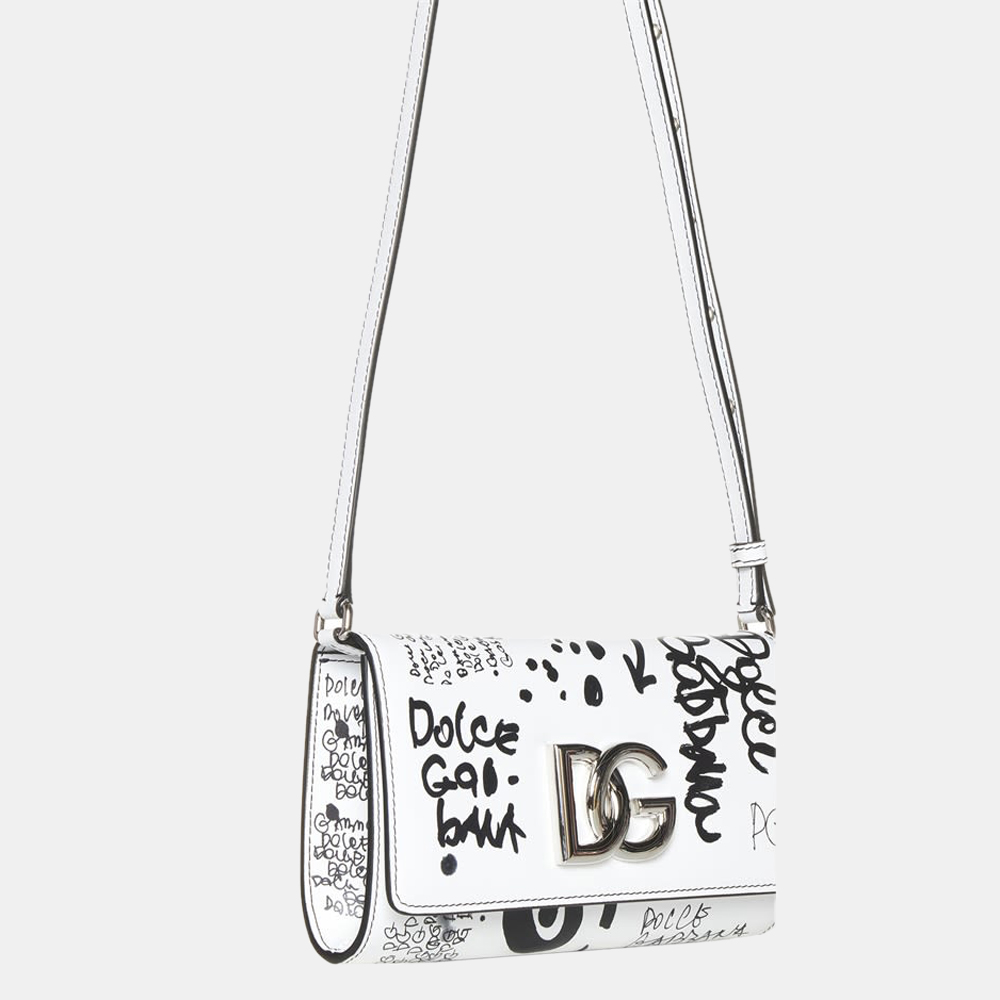 

Dolce & Gabbana White/Black Calfskin Leather 3.5 Logo Print Shoulder Bag