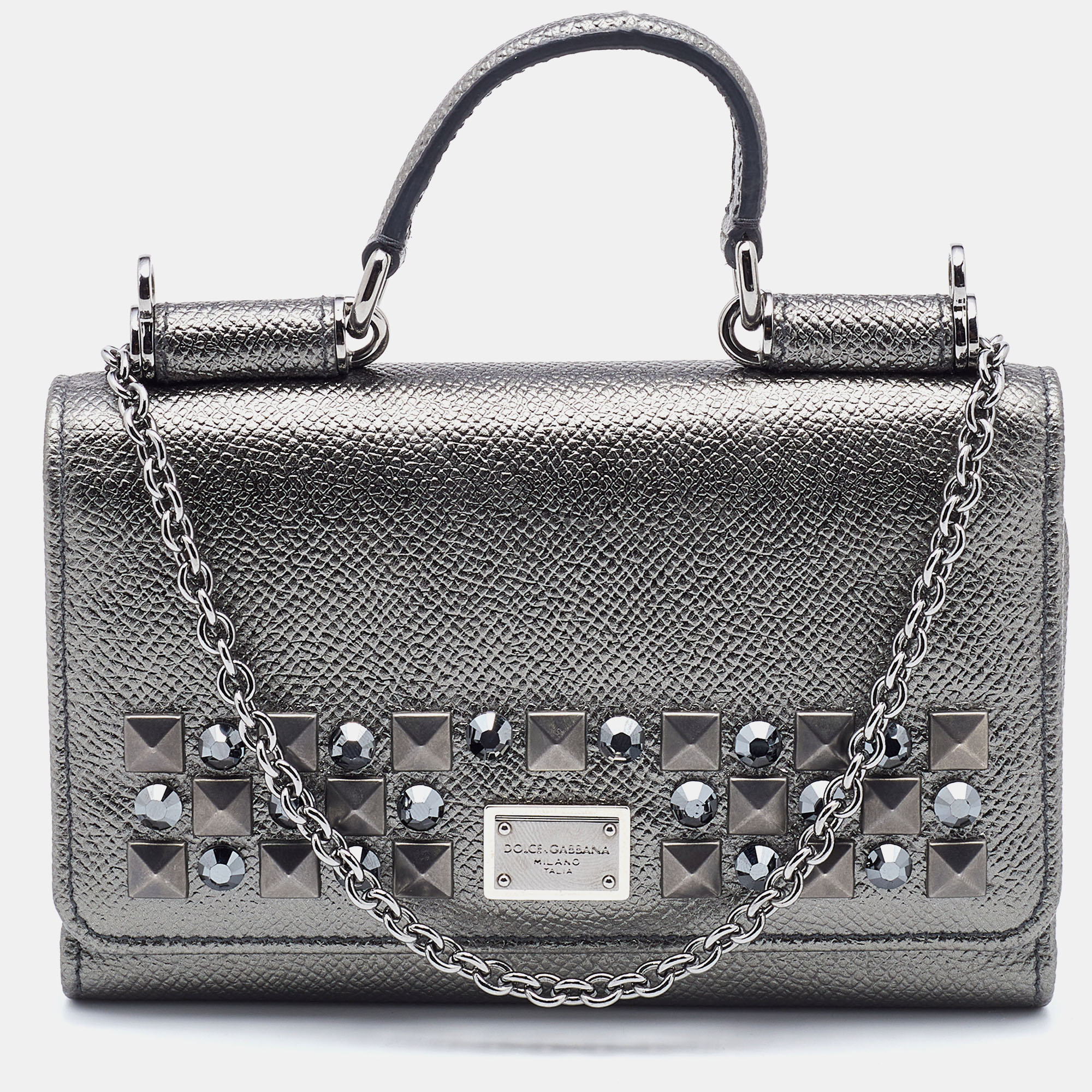 Pre-owned Dolce & Gabbana Metallic Grey Leather Miss Sicily Von Studded Wallet On Chain