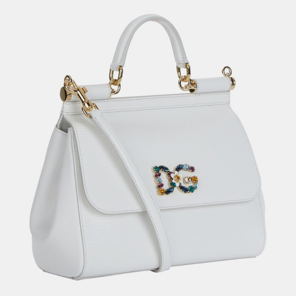 

Dolce & Gabbana White - Inguana Embossed Leather - Crystal DG Logo  Miss Sicily Bag